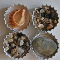 sea shells in upcycled bottle caps