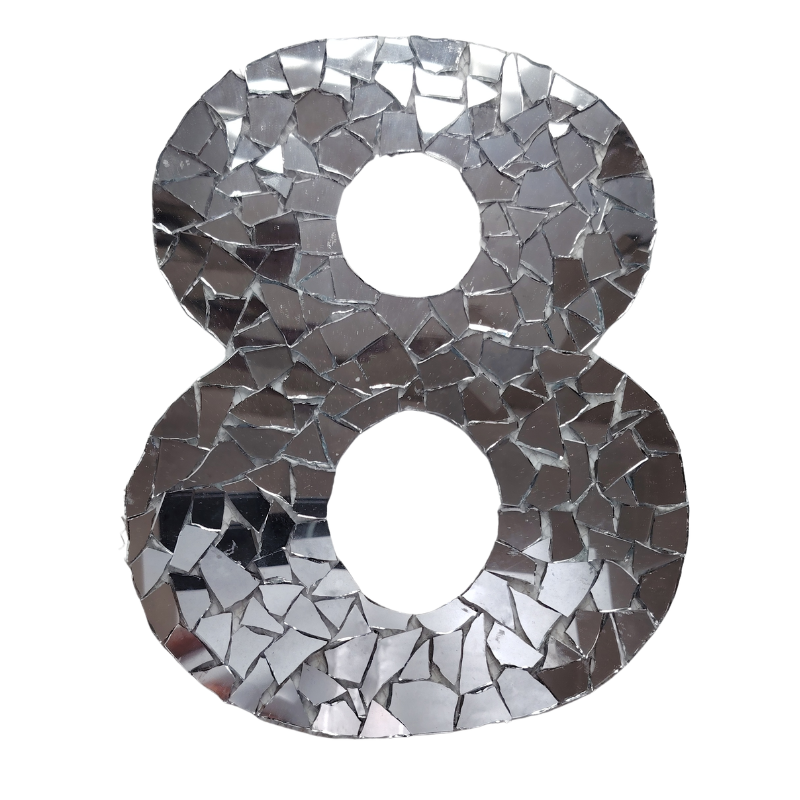 Handcrafted mirror mosaic house number in crazy pave style,