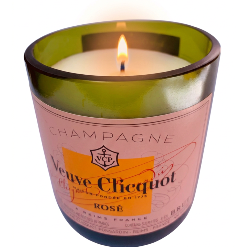 Hand-cut repurposed champagne bottle candle with original label, handmade in South Africa